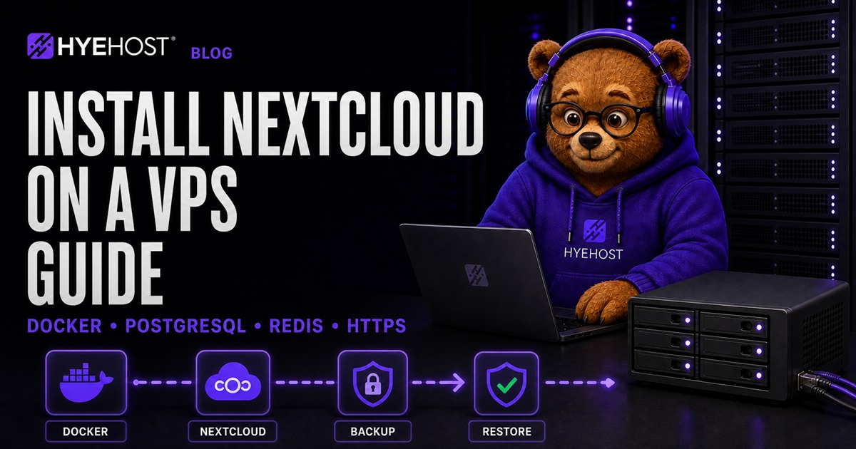HYEHOST mascot installing Nextcloud with Docker Compose on a VPS