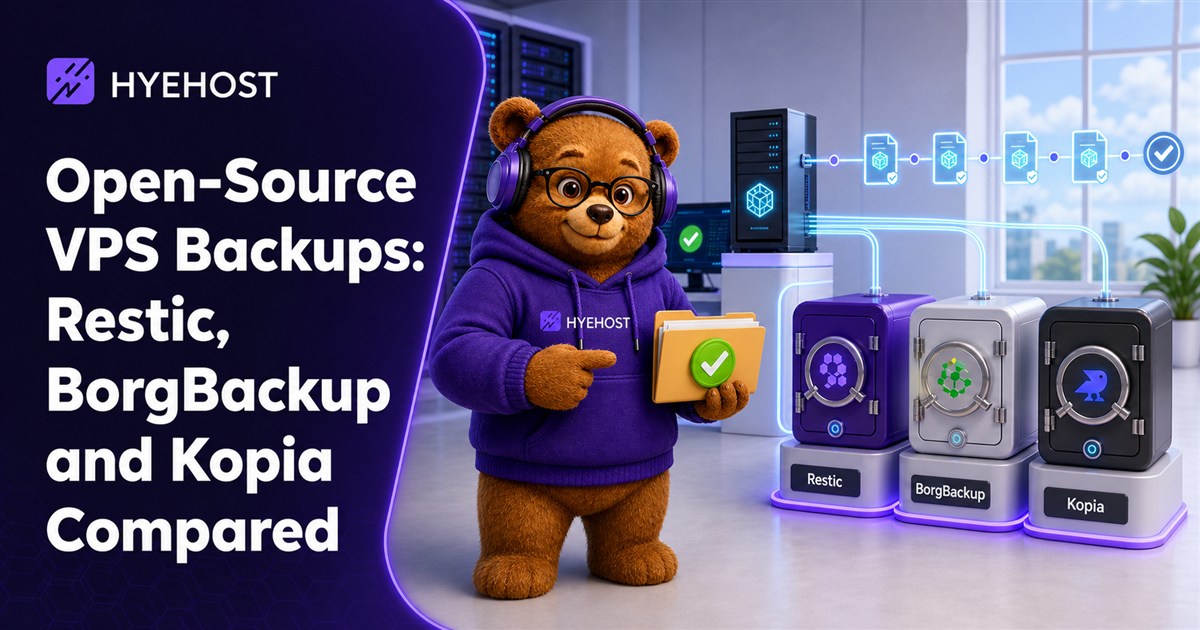 HYEHOST mascot comparing Restic, BorgBackup and Kopia for encrypted VPS backups